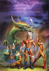 1girl 2boys abs ax_battler axe bikini boots boris_vallejo dragon dwarf gilius_thunderhead golden_axe highres holding holding_axe holding_sword holding_weapon male_swimwear multiple_boys muscular muscular_male navel raise_sword sega swim_briefs swimsuit sword third-party_source topless_male tunic tyris_flare weapon