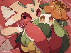 2girls a-nya antennae arthropod_girl artist_name black_eyes breath bright_pupils carrying colored_sclera colored_skin covering_own_mouth crown female_focus floral_print flower flying_sweatdrops gen_5_pokemon gen_7_pokemon green_hair green_skin hair_flower hair_ornament hands_up hug lilligant long_hair looking_to_the_side lurantis mini_crown monster_girl multicolored_skin multiple_girls nintendo no_mouth orange_eyes own_hands_together pink_skin plant_girl pokemon pokemon_(creature) princess_carry protecting puff_of_air red_background red_flower red_sclera sidelocks signature twitter_username two-tone_skin v-shaped_eyebrows wavy_eyes white_pupils white_skin yellow_crown