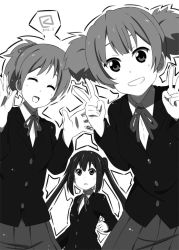 3girls artist_logo dated double_v greyscale hirasawa_ui k-on! kueru logo long_hair miyahara_takuya monochrome multiple_girls nakano_azusa ponytail school_uniform short_hair suzuki_jun twintails v