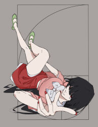 1girl absurdres black_hair bow bowtie breasts commentary crossed_legs english_commentary fibonacci_sequence golden_spiral green_footwear grey_background hair_between_eyes highres hime_cut houraisan_kaguya long_hair lying medium_breasts miniskirt nail_polish ourie pink_shirt reaching reaching_towards_viewer red_eyes red_skirt shirt skirt solo thighs touhou very_long_hair wide_sleeves