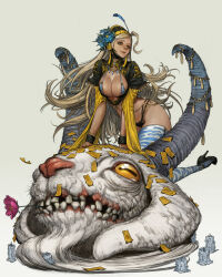 Rule 34 | 1girl, animal head, bikini, blonde hair, blue eyes, blue flower, bracelet, breasts, candle, dark-skinned female, dark skin, flower, flower in mouth, goat, goat horns, high heels, highres, horizontal pupils, horns, jewelry, large breasts, long hair, looking at viewer, necklace, original, parted bangs, print bikini, print thighhighs, red flower, sitting on animal, solo, swimsuit, tahra, talisman, thighhighs, very long hair