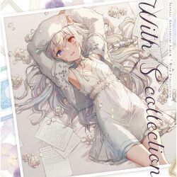 Rule 34 | 1girl, :d, armpits, arms up, blue eyes, breasts, dress, grey hair, heterochromia, highres, jacket, long hair, looking at viewer, open clothes, open jacket, open mouth, original, paper, photo (object), red eyes, sleeveless, sleeveless dress, sleeves past wrists, small breasts, smile, solo, white dress, white jacket, yutsumoe