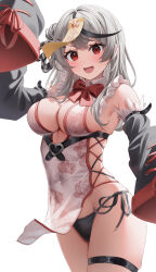 1girl absurdres breasts chinese_clothes cleavage detached_sleeves floral_print_dress grey_hair highres hololive looking_at_viewer nikahoshikuzu open_mouth print_dress red_eyes sakamata_chloe short_hair solo virtual_youtuber