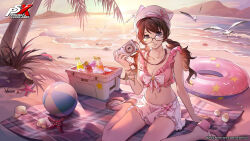 1girl absurdres animal artist_request ball beachball bikini bird black-framed_eyewear black_hair breasts camera cleavage copyright_name glasses grin hat highres holding holding_camera large_breasts looking_at_viewer low_twintails navel noge_tomoko official_alternate_costume official_art outdoors persona persona_5 persona_5:_the_phantom_x pink_hat sand seagull sitting smile solo sunlight swimsuit third-party_source twintails