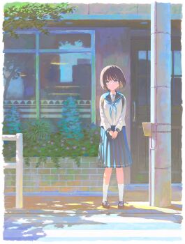 Rule 34 | 1girl, absurdres, black hair, blue eyes, blue sailor collar, blue skirt, building, bush, closed mouth, commentary request, crosswalk, day, door, dot mouth, feel (nasitaki), flower, highres, long sleeves, original, outdoors, pleated skirt, railing, road, sailor collar, scenery, school uniform, shirt, short hair, skirt, socks, solo, standing, tree, utility pole, white shirt, white socks, window