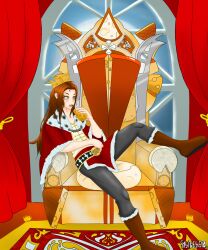 Rule 34 | 1boy, absurdres, animal print, asnesbo, belt, black belt, black pants, blush, boots, brown boots, brown hair, capelet, chain, cheese, collarbone, commission, cow print, cracker, cross, cross print, crown, curtains, fangs, food, full moon, fur-trimmed boots, fur-trimmed capelet, fur trim, highres, holding, holding food, indie virtual youtuber, king, knife, long hair, moon, night, night sky, open mouth, pants, print belt, print capelet, red capelet, red theme, rug, sarzac, shirt, sitting, sky, swiss cheese, teeth, the laughing cow, throne, throne room, virtual youtuber, white shirt, window, yellow eyes