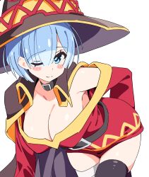 Rule 34 | 1girl, ;), arm behind back, bandaged leg, bandages, black cape, black collar, black thighhighs, blue eyes, blue hair, blush stickers, breasts, cape, cleavage, collar, collarbone, commentary, commission, cosplay, cowboy shot, dress, eyes visible through hair, hair over one eye, hat, highres, kono subarashii sekai ni shukufuku wo!, large breasts, leaning forward, long sleeves, looking at viewer, megumin, megumin (cosplay), noyama takenoko, off-shoulder dress, off shoulder, one eye closed, re:zero kara hajimeru isekai seikatsu, red dress, rem (re:zero), short hair, simple background, single thighhigh, skeb commission, smile, solo, thighhighs, white background, witch hat