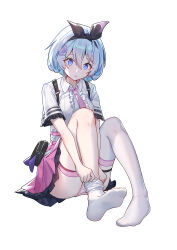 1girl absurdres airaila black_hairband blue_hair center_frills collared_shirt commentary_request frills full_body hairband highres necktie no_shoes panties parted_lips pink_necktie pink_panties pink_skirt putting_on_legwear shirt short_hair short_sleeves simple_background sitting skirt solo strinova thighhighs underwear white_background white_shirt white_thighhighs yugiri_(strinova)
