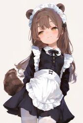 1girl :3 animal_ears apron arms_behind_back black_bow black_bowtie black_dress black_ribbon bow bowtie brown_hair closed_mouth collared_dress cowboy_shot dress frilled_apron frills hair_ribbon highres long_hair long_sleeves looking_to_the_side maid maid_headdress original pantyhose raccoon_ears raccoon_girl raccoon_tail ribbon smile solo tail thighband_pantyhose wangyq white_apron white_background white_pantyhose yellow_eyes