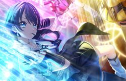 3girls asymmetrical_legwear black_necktie black_skirt black_thighhighs blue_eyes braid breasts closed_mouth collared_shirt dress_shirt earrings game_cg hair_ornament hairclip hand_on_own_neck highres hinoshita_kaho i_do_me!_(love_live!) jacket jewelry legwear_garter link!_like!_love_live! looking_at_viewer love_live! medium_breasts miniskirt mismatched_legwear mouth_hold multiple_girls murano_sayaka necktie non-web_source official_alternate_costume official_art open_clothes open_jacket osawa_rurino pleated_skirt plectrum plectrum_in_mouth shirt short-sleeved_jacket short_sleeves side_braid single_braid single_legwear_garter single_sleeve single_sock single_thighhigh skirt socks solo_focus thighhighs v-shaped_eyebrows virtual_youtuber white_shirt white_socks x_hair_ornament