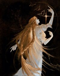 1boy androgynous black_background blonde_hair braid bug butterfly colored_skin crown cruentum_noctis dress elden_ring elden_ring:_shadow_of_the_erdtree extra_arms gold_tiara golden_cross_(elden_ring) highres insect long_hair miquella_(elden_ring) puffy_short_sleeves puffy_sleeves short_sleeves solo very_long_hair white_dress white_skin yellow_eyes