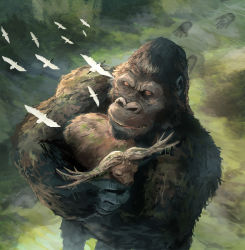 ape ari_hinoko bird buffalo footprints gorilla highres kaiju king_kong king_kong_(series) kong:_skull_island legendary_pictures looking_at_viewer monster monsterverse muscular muscular_male nature no_humans outdoors sker_buffalo smile