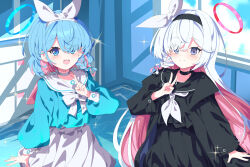 2girls absurdres arona_(blue_archive) black_hairband black_jacket black_sailor_collar black_shirt black_skirt blue_archive blue_eyes blue_hair blue_halo blue_skirt bow bowtie chinese_commentary commentary grey_eyes hairband halo highres hua-huahua indoors jacket multicolored_hair multiple_girls neckerchief one_eye_covered open_mouth pink_hair plana_(blue_archive) red_halo sailor_collar shirt skirt v white_bow white_bowtie white_hair white_hairband white_neckerchief white_sailor_collar white_skirt window