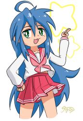 1girl :3 aged_down blue_hair child female_focus green_eyes izumi_konata jua long_hair lucky_star nose open_mouth pink_skirt school_uniform shadow skirt solo solo_focus standing star_(symbol) white_background