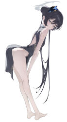1girl absurdres back_cutout bare_shoulders barefoot black_dress black_hair blue_archive blush breasts butterfly_hair_ornament china_dress chinese_clothes clothing_cutout double_bun dragon_print dress full_body grey_eyes hair_bun hair_ornament halo highres kisaki_(blue_archive) long_hair looking_at_viewer pelvic_curtain sb_lama short_dress side_slit small_breasts solo twintails