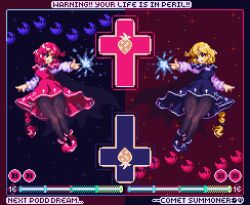 Rule 34 | 1girl, alternate color, black cape, black dress, black footwear, black pantyhose, blonde hair, braid, breasts, cape, comet summoner98, cross, dress, finger gun, long hair, medium breasts, okazaki yumemi, pantyhose, phantasmagoria of dim.dream, red dress, red eyes, red footwear, red hair, touhou, touhou (pc-98), very long hair, yellow eyes