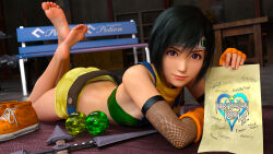 1girl 3d absurdres bandeau barefoot black_hair blurry blurry_background breasts detached_sleeves feet feet_up final_fantasy final_fantasy_vii fingerless_gloves fishnet_sleeves fishnets full_body gloves hair_between_eyes hand_up headband highres holding indoors kingdom_hearts kingdom_hearts_i legs looking_at_viewer lying materia medium_hair necdaz91 on_ground on_stomach orange_gloves orange_shoes purple_eyes scarf shoes short_shorts shorts small_breasts smile sneakers soles solo the_pose toes unworn_shoes white_headband yellow_scarf yellow_shorts yuffie_kisaragi