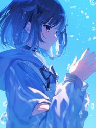 1girl air_bubble akr_tmr backlighting black_choker black_ribbon blue_background blue_eyes blue_hair blue_hoodie blue_nails blue_theme bob_cut bubble choker clip_studio_paint_(medium) closed_mouth expressionless fingernails from_side hair_flaps hair_ornament hands_up hashtag-only_commentary highres hood hood_down hoodie long_sleeves looking_ahead nail_polish neck_ribbon own_hands_together profile ribbon short_hair simple_background sleeve_cuffs sleeve_zipper solo tsumugi_kokage unzipped upper_body virtual_youtuber vspo! zipper zipper_pull_tab
