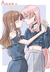 2girls bang_dream! bang_dream!_it&#039;s_mygo!!!!! black_choker blue_dress blue_eyes blue_shirt blush brown_hair character_name chihaya_anon choker closed_mouth commentary crop_top dress earrings eye_contact grey_eyes hand_on_another&#039;s_back hashtag-only_commentary highres holding_hands interlocked_fingers jewelry life_hater_art long_hair long_sleeves looking_at_another midriff multiple_girls nagasaki_soyo navel pink_hair shirt skirt smile white_skirt yuri