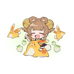 &gt;_&lt; 1girl :3 :d ^_^ arm_up bell blunt_bangs blush boots bow-shaped_hair braid brown_hair closed_eyes commentary_request do_m_kaeru genshin_impact green_background hair_bell hair_ornament index_finger_raised jingle_bell long_sleeves open_mouth rabbit radish riding short_hair sidelocks simple_background smile solo white_background white_boots yaoyao_(genshin_impact) yuegui_(genshin_impact)