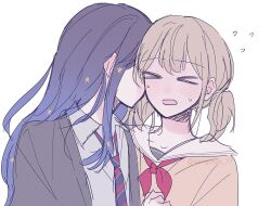 Rule 34 | &gt; &lt;, 2girls, azusawa kohane, black hair, black jacket, blazer, blue necktie, blush, brown hair, brown shirt, closed eyes, collared shirt, commentary, dangmoo 17, ear blush, flying sweatdrops, gradient hair, hair ornament, jacket, multicolored hair, multiple girls, neckerchief, necktie, open mouth, project sekai, purple hair, red neckerchief, sailor collar, school uniform, shiraishi an, shirt, short twintails, simple background, star (symbol), star hair ornament, sweat, symbol-only commentary, twintails, twitter username, upper body, white background, white sailor collar, white shirt, yuri