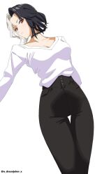 1girl alternate_costume black_pants casual goddess_of_victory:_nikke highres long_sleeves multicolored_hair o_draunjoker_x pants red_eyes rosanna_(nikke) shirt simple_background solo split-color_hair two-tone_hair white_background white_shirt
