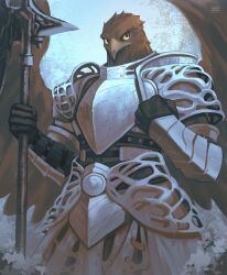 1boy absurdres armor arms_up augoose_cong beak bird_boy black_gloves breastplate clenched_hand commentary cowboy_shot elden_ring elden_ring_nightreign english_commentary faulds feathered_wings furry furry_male gloves guardian_(elden_ring) highres holding holding_polearm holding_weapon looking_to_the_side male_focus pauldrons polearm shoulder_armor sideways_glance solo weapon wings yellow_eyes