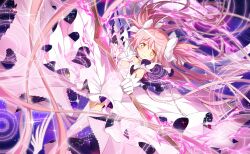 1girl absurdly_long_hair aiming artist_request bow bow_(weapon) breasts chest_jewel choker cleavage cleavage_cutout closed_mouth clothing_cutout collarbone diamond_cutout dot_nose dress dutch_angle feet_out_of_frame fire floating_clothes floating_hair frilled_sleeves frills game_cg hair_between_eyes hair_bow happy highres holding holding_bow_(weapon) holding_weapon kaname_madoka light_blush light_particles long_dress long_hair looking_at_viewer magic_circle mahou_shoujo_madoka_magica mahou_shoujo_madoka_magica_magia_exedra official_art pink_fire pink_gemstone pink_hair pink_thighhighs pleated_sleeves pyrokinesis short_sleeves smile solo space space_print starry_sky_print tareme thighhighs two-sided_dress two-sided_fabric two_side_up ultimate_madoka very_long_hair weapon white_bow white_choker wide_sleeves yellow_eyes