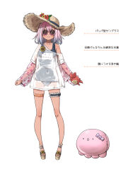 1girl absurdres arms_at_sides blush clenched_hand closed_mouth commentary_request design_speculation facing_viewer feet flower footwear_flower frilled_thigh_strap full_body gradient_hair hat hat_flower highres himemori_luna hololive inflatable_toy layered_sleeves long_sleeves medium_hair multicolored_hair name_tag okadain old_school_swimsuit papa_(himemori_luna) pink_hair platform_sandals purple_hair sandals school_swimsuit see-through_clothes see-through_shirt see-through_sleeves shirt short_over_long_sleeves short_sleeves simple_background smile solo straight-on straw_hat sun_hat sunglasses swimsuit swimsuit_under_clothes t-shirt tachi-e thigh_strap toes translation_request virtual_youtuber wet wet_clothes wet_shirt white_background white_shirt