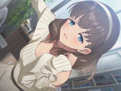 1girl adjusting_hair bare_shoulders blue_eyes blush book bookshelf bow breasts brown_hair chair collarbone commentary_request cowboy_shot desk eyelashes hairband hand_in_own_hair hands_up highres idolmaster idolmaster_cinderella_girls indoors light_smile long_sleeves looking_at_viewer looking_to_the_side medium_hair nanananananasea off-shoulder_sweater off_shoulder office parted_lips plant potted_plant sakuma_mayu sideways smile solo standing sweater table white_hairband white_sweater window