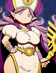 1girl beeru_(veil8801) breasts cape closed_mouth commentary dragon_quest dragon_quest_monsters dress earrings frown hat highres holding holding_staff jewelry large_breasts long_hair magarugi parted_bangs pelvic_curtain pointy_ears puffy_short_sleeves puffy_sleeves purple_cape purple_eyes purple_hair purple_hat short_sleeves side_slit solo split_mouth staff taut_clothes taut_dress two-tone_hat white_dress white_hat