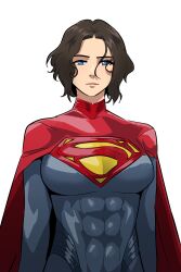 1girl abs absurdres black_hair blue_bodysuit blue_eyes bodysuit breasts cape closed_mouth commentary covered_abs dc_comics dc_extended_universe english_commentary ernez_(jerukperaz) highres large_breasts red_cape short_hair simple_background solo supergirl superman_(series) the_flash_(movie) upper_body white_background