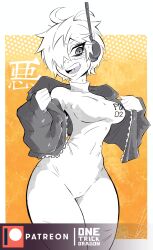 Rule 34 | 1girl, blush, bodysuit, breasts, covered navel, curvy, gloves, hair over one eye, hands in pockets, headphones, highres, jacket, looking at viewer, monochrome, one eye covered, one piece, one trick dragon, open clothes, open jacket, open mouth, shiny clothes, short hair, solo, sweat, vegapunk lilith, wide hips