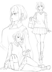 Rule 34 | 1girl, bag, blush, clothes lift, collared shirt, dress shirt, full body, lifting own clothes, lineart, loafers, long sleeves, monochrome, multiple views, original, pleated skirt, ribbed socks, ryuuta (msxtr), school bag, school uniform, shirt, shoes, short hair, sitting, skirt, skirt lift, smile, socks, standing, sweater vest, upper body