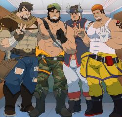 2025 4boys abs antonio_(gyee) arm_tattoo bara beard black_hair blue_eyes boots brown_hair bulge camouflage camouflage_pants denim duran_(gyee) facial_hair finger_counting gyee headband highres ho_tdoug horns jeans large_pectorals looking_at_viewer male_focus manly mature_male multicolored_hair multiple_boys muscular muscular_male nipples official_alternate_costume one_eye_closed orange_hair pants pectoral_cleavage pectorals rand_(gyee) scarf shirt simple_background smile smirk spiked_hair takashi_(gyee) tank_top tattoo thick_arms thick_eyebrows thick_thighs thighs torn_clothes white_hair