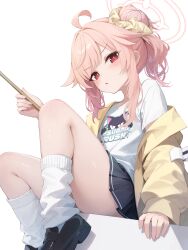 1girl absurdres ahoge black_skirt blue_archive bright_pupils drumsticks halo highres holding holding_drumsticks jacket long_hair long_sleeves looking_at_viewer loose_socks miniskirt natsu_(band)_(blue_archive) natsu_(blue_archive) official_alternate_costume open_clothes open_jacket pink_hair pink_halo pleated_skirt red_eyes shirt skirt socks tateishi_kureha white_pupils white_shirt white_socks yellow_jacket