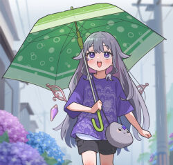 1girl black_shorts casual flower green_umbrella grey_hair holding holding_umbrella hololive koseki_bijou long_hair looking_up ogawagawagaw pebble_(koseki_bijou) purple_eyes purple_shirt rain shirt shorts umbrella virtual_youtuber