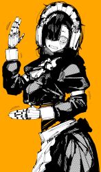 10_4_(10f0ur) 1girl @_@ absurdres c-bas cowboy_shot dancing grin hair_over_one_eye highres juliet_sleeves long_sleeves looking_at_viewer maid maid_headdress monochrome one_eye_covered orange_background original puffy_sleeves robot_girl short_hair simple_background smile solo teeth