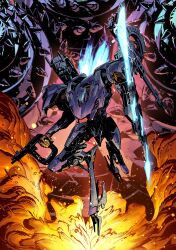 Rule 34 | armored core, armored core vi: fires of rubicon, assault visor, double blade, energy blade, ershao, explosion, fromsoftware, gun, highres, holding, holding gun, holding weapon, machine gun, mecha, missile pod, no humans, reverse-jointed legs, robot, science fiction, steel haze, thrusters, weapon, weapon on back