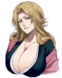 1girl black_kimono bleach blonde_hair blue_eyes breasts chain chain_necklace cleavage collarbone highres huge_breasts japanese_clothes jewelry kimono large_breasts long_hair looking_at_viewer matsumoto_rangiku mole mole_under_mouth necklace orange_hair pink_shawl shawl shihakusho shinigami smile solo uno_0a