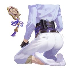 Rule 34 | 1boy, absurdres, ass, belt, black belt, black gloves, feet, from behind, genshin impact, gloves, highres, kamisato ayato, kneeling, long sleeves, lower body, male focus, no-show socks, no shoes, pants, pocket, purple ribbon, ribbon, shirt, signature, simple background, socks, soles, solo, tassel, vc ooo, white background, white pants, white shirt, white sleeves, white socks