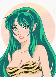 1girl animal_print blue_eyes breasts cleavage female_focus green_hair highres horns long_hair lum medium_breasts ogre oni open_mouth pink_background self-upload smile solo swimsuit tiger_print upper_body urusei_yatsura