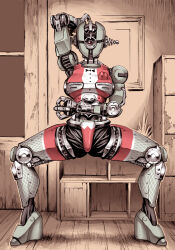 assaultron decal double_deck fallout fallout_76 fewer_digits fishnets humanoid_robot indoors looking_at_viewer mechanical_arms mechanical_legs one-eyed presenting robot robot_ears robot_girl science_fiction solo spread_legs