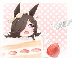 !? 1girl blush brown_hair cake chibi emphasis_lines food fork fruit glint hair_over_one_eye hairband horse_tail in_food morita_(mofuball319) nose_blush purple_eyes raised_eyebrows rice_shower_(umamusume) strawberry strawberry_shortcake sweat tail tearing_up trembling umamusume