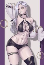 1girl abs absurdres alternate_costume black_choker black_shorts blue_lips border breasts choker cleavage commentary crop_top earrings english_commentary eyeliner fate/grand_order fate_(series) fluffydus grey_background highres jewelry large_breasts lipstick long_hair makeup mrs._snake_(fate) muscular muscular_female navel patreon_username purple_border short_shorts shorts solo stomach straight_hair sweater thigh_strap thighs white_hair yellow_eyes