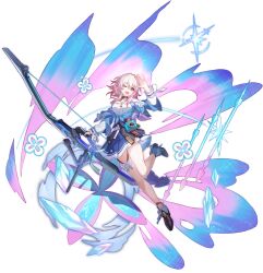 1girl acorn ankle_boots archery_shooting_glove arrow_(projectile) badge black_boots black_choker black_corset black_gloves blue_boots blue_eyes blue_jacket blue_skirt boots bow_(weapon) breasts button_badge buttons camera choker corset earrings flower_ornament full_body gloves hand_up high_heel_boots high_heels highres holding holding_bow_(weapon) holding_weapon honkai:_star_rail honkai_(series) jacket jewelry leg_up long_sleeves march_7th_(honkai:_star_rail) march_7th_(preservation)_(honkai:_star_rail) medium_breasts medium_hair miniskirt multicolored_boots multicolored_eyes non-web_source one_eye_closed open_hand open_mouth partially_fingerless_gloves pink_eyes pink_hair pleated_skirt shirt single_earring single_glove skirt smile solo thigh_strap tied_jacket transparent_background two-tone_boots two-tone_eyes weapon white_shirt