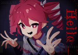 ahoge black_background black_sleeve_cuffs bow buttons commentary_request double-breasted drill_hair fin_gocco grey_jacket hair_between_eyes hair_bow hair_ribbon hands_up heart heart-shaped_pupils highres jacket kasane_teto kasane_teto_(sv) layered_sleeves looking_at_viewer lower_teeth_only open_mouth red_hair red_trim ribbon shoulder_belt shoulder_boards striped_clothes striped_jacket symbol-shaped_pupils synthesizer_v teeth twin_drills upper_body utau white_bow white_ribbon