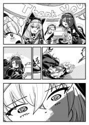 &gt;_&lt; 5girls :d absurdres animal_ear_headwear animal_ears blue_archive blush cake cat_ears cat_girl charmbird covering_own_eyes cross cross_earrings dress earrings fake_animal_ears falling food gloves greyscale hair_between_eyes hair_over_one_eye high_heels highres hinata_(blue_archive) holding holding_tray jewelry long_hair mari_(blue_archive) monochrome multiple_girls neckerchief no_eyes nun open_mouth sailor_collar sakurako_(blue_archive) sidelocks sisterhood_member_(blue_archive) smile tray veil xd