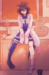 1girl agnes_tachyon_(umamusume) agoumauma2 animal_ears bandaged_foot bandages bow bowtie brown_hair chemical_structure closed_mouth coat cup earrings erlenmeyer_flask flask frilled_skirt frills hair_between_eyes highres horse_ears horse_girl horse_tail jewelry lab_coat looking_at_viewer medium_hair microscope on_table open_clothes open_coat pleated_skirt purple_sailor_collar purple_shirt purple_skirt purple_thighhighs red_eyes sailor_collar school_uniform shirt shoes single_bare_foot single_earring single_shoe sitting skirt smile solo table tail thighhighs tracen_school_uniform tripod_(laboratory) umamusume unworn_shoe white_bow white_bowtie white_coat wolf_cut