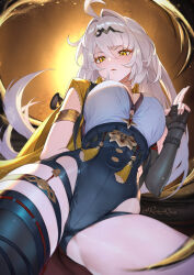 1girl asymmetrical_gloves belt black_gloves black_shorts black_thighhighs breasts cleavage cleavage_cutout clothing_cutout elbow_gloves fingerless_gloves gloves hair_ornament hairclip high-waist_shorts highres jacket jacket_on_shoulders large_breasts long_hair looking_at_viewer parted_lips raijuu_(bakanara) shirt shorts single_thighhigh solo thighhighs thighs white_hair white_shirt yellow_eyes yellow_jacket yixuan_(zenless_zone_zero) zenless_zone_zero